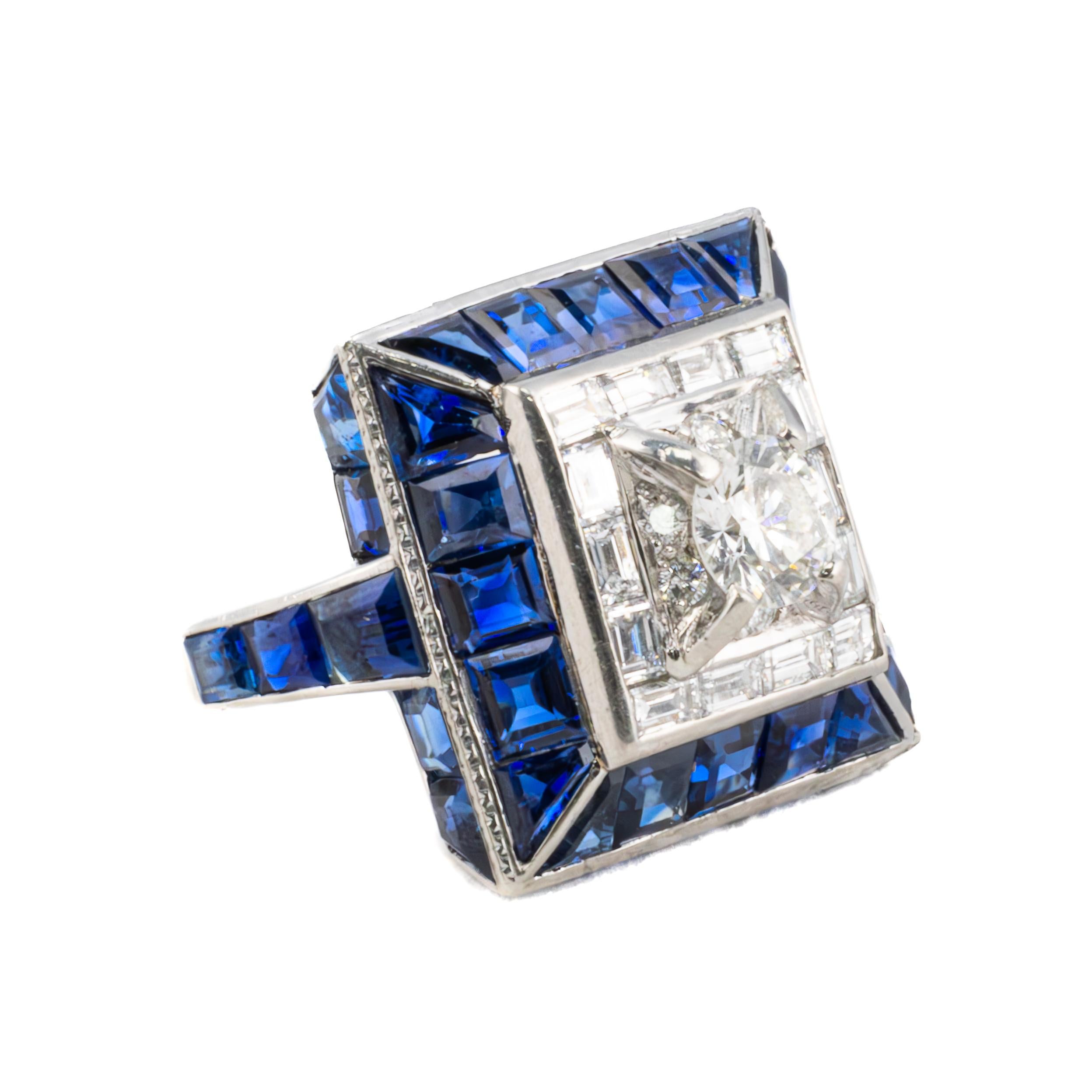 Baguette Cut Vintage Sapphire and Diamond Square Cocktail Ring in Platinum For Sale