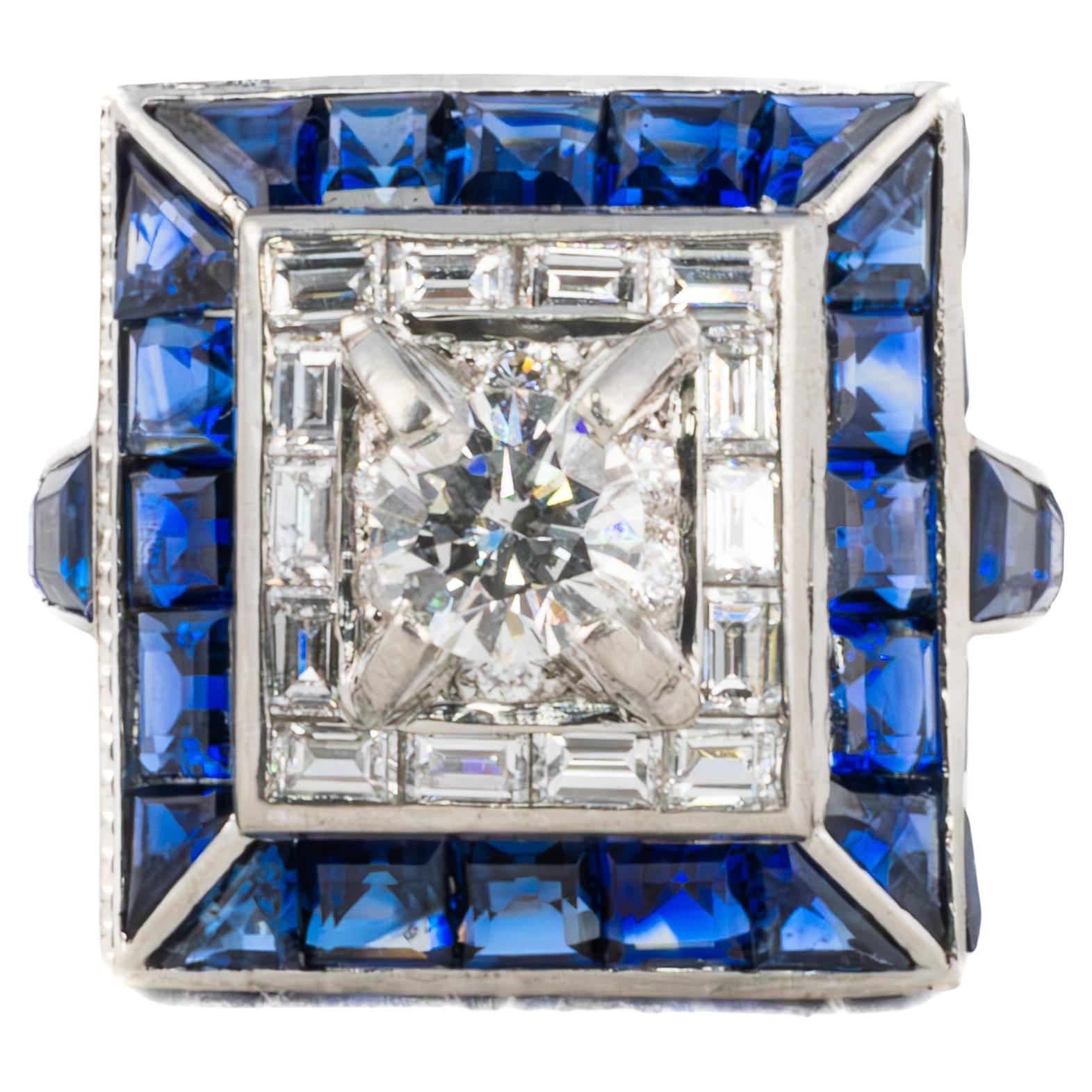 Vintage Sapphire and Diamond Square Cocktail Ring in Platinum