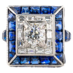 Anello da cocktail quadrato con zaffiro e diamante vintage in platino