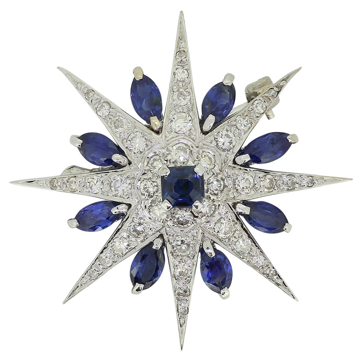 Vintage Sapphire and Diamond Star Brooch For Sale