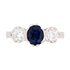 Vintage Sapphire and Diamond Three-Stone Ring, circa 1970s