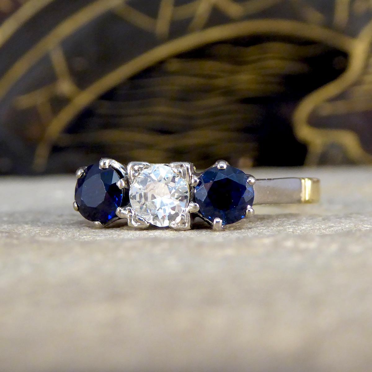 Vintage Sapphire and Diamond Three Stone Ring in 18ct Yellow Gold In Fair Condition In Yorkshire, West Yorkshire