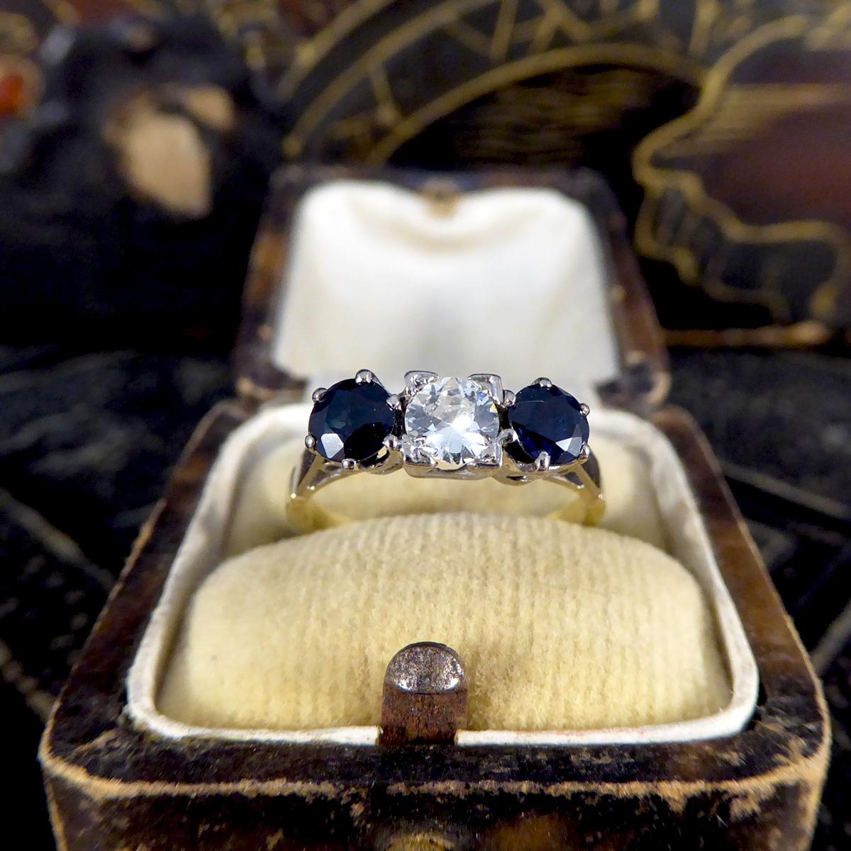Vintage Sapphire and Diamond Three Stone Ring in 18ct Yellow Gold 1
