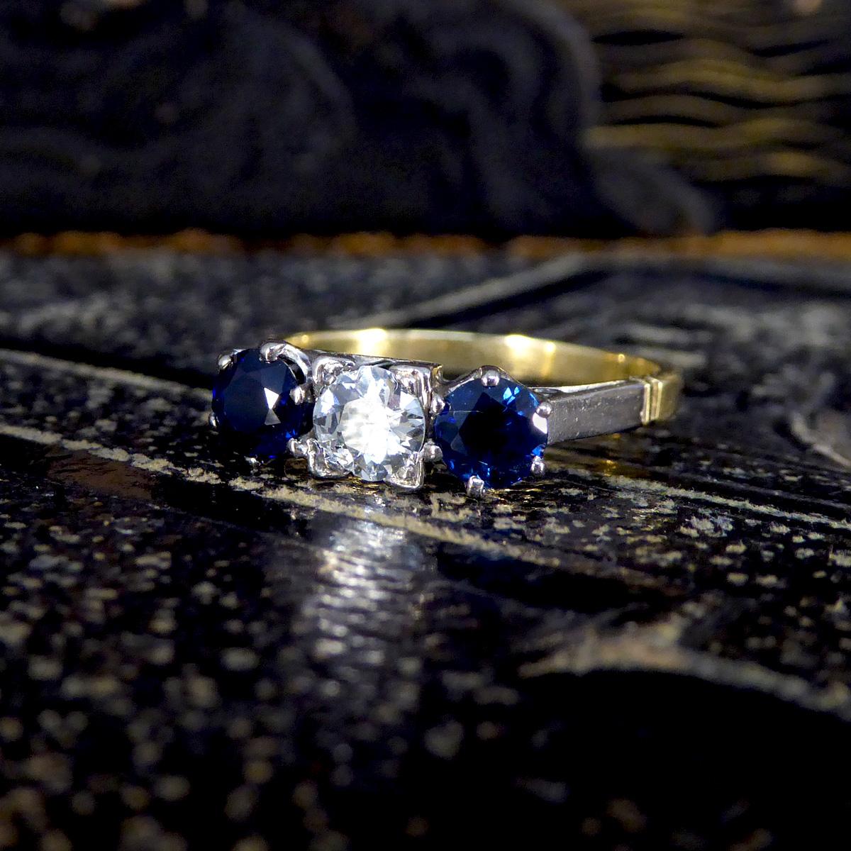Vintage Sapphire and Diamond Three Stone Ring in 18ct Yellow Gold 2