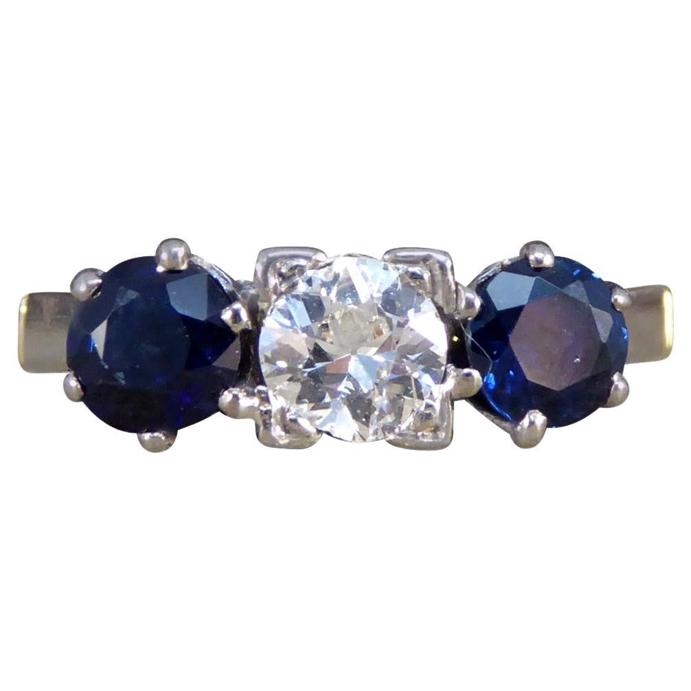 Vintage Sapphire and Diamond Three Stone Ring in 18ct Yellow Gold