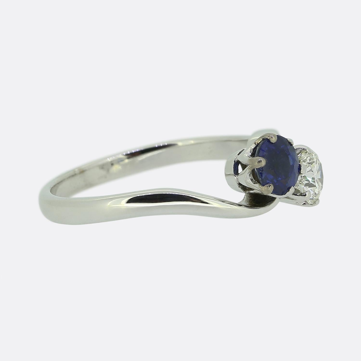 Round Cut Vintage Sapphire and Diamond Two-Stone Crossover Ring For Sale