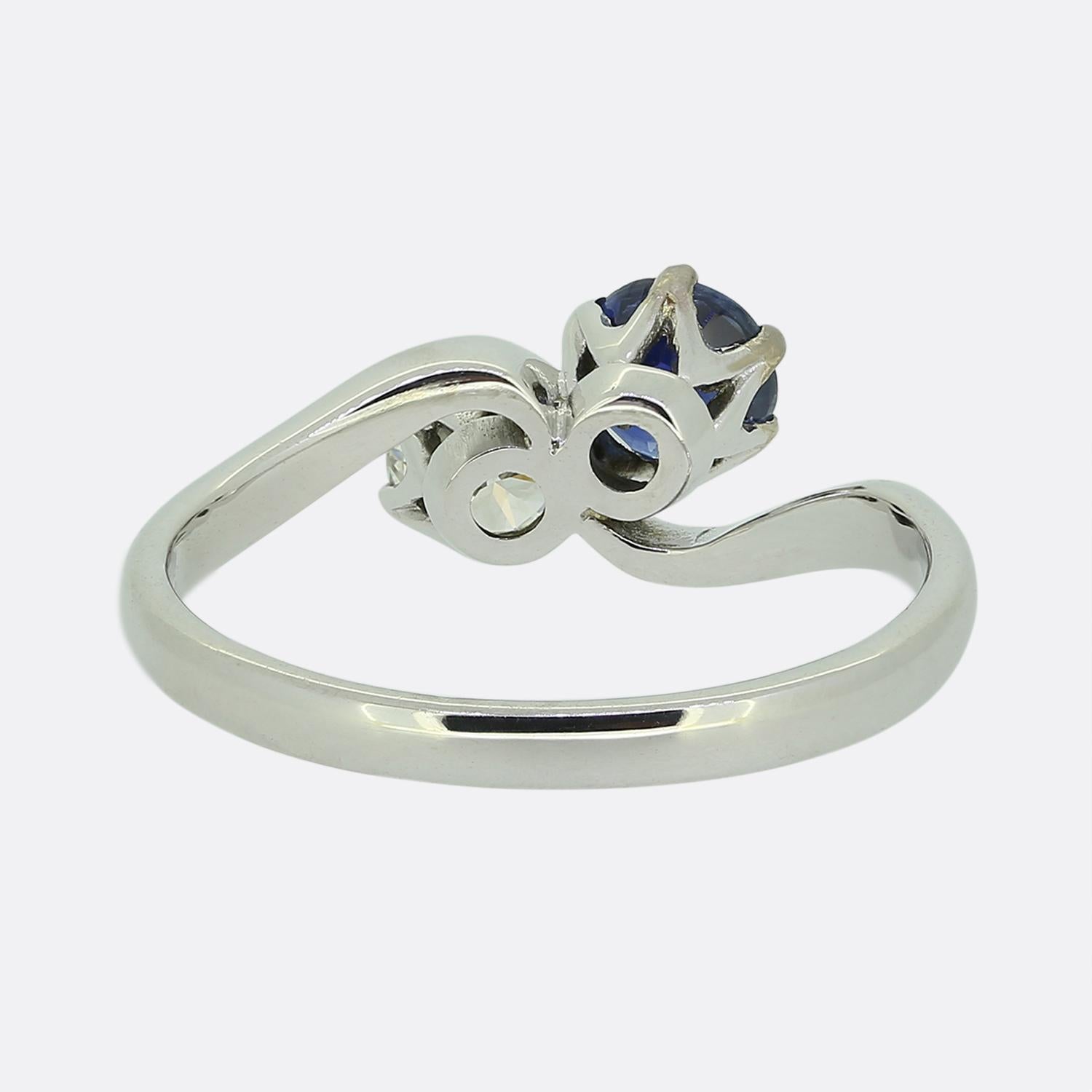 Vintage Sapphire and Diamond Two-Stone Crossover Ring In Good Condition For Sale In London, GB
