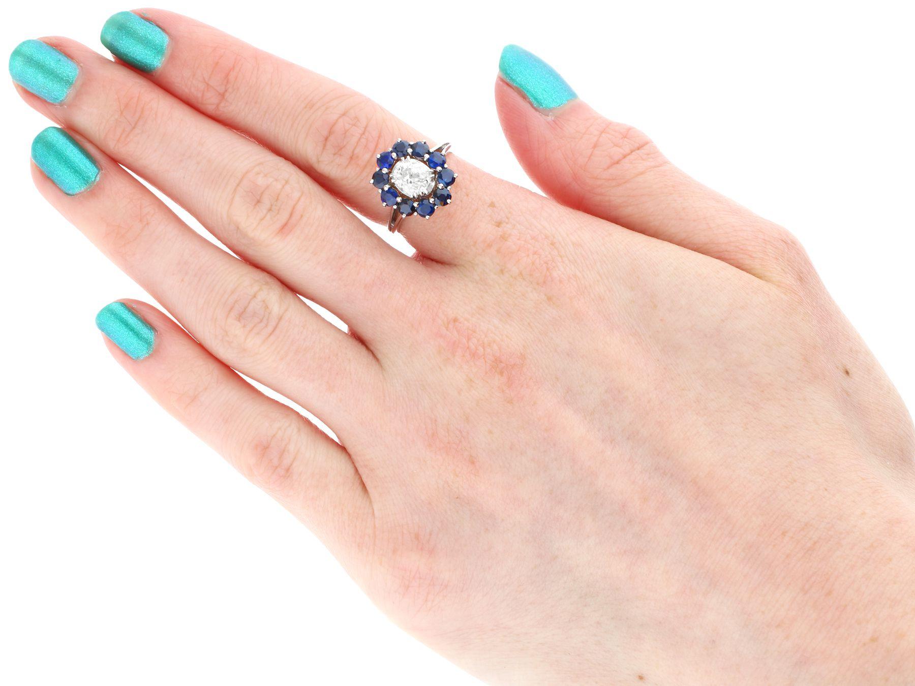 Round Cut Vintage Sapphire and Diamond White Gold Cluster Ring, Circa 1960 For Sale