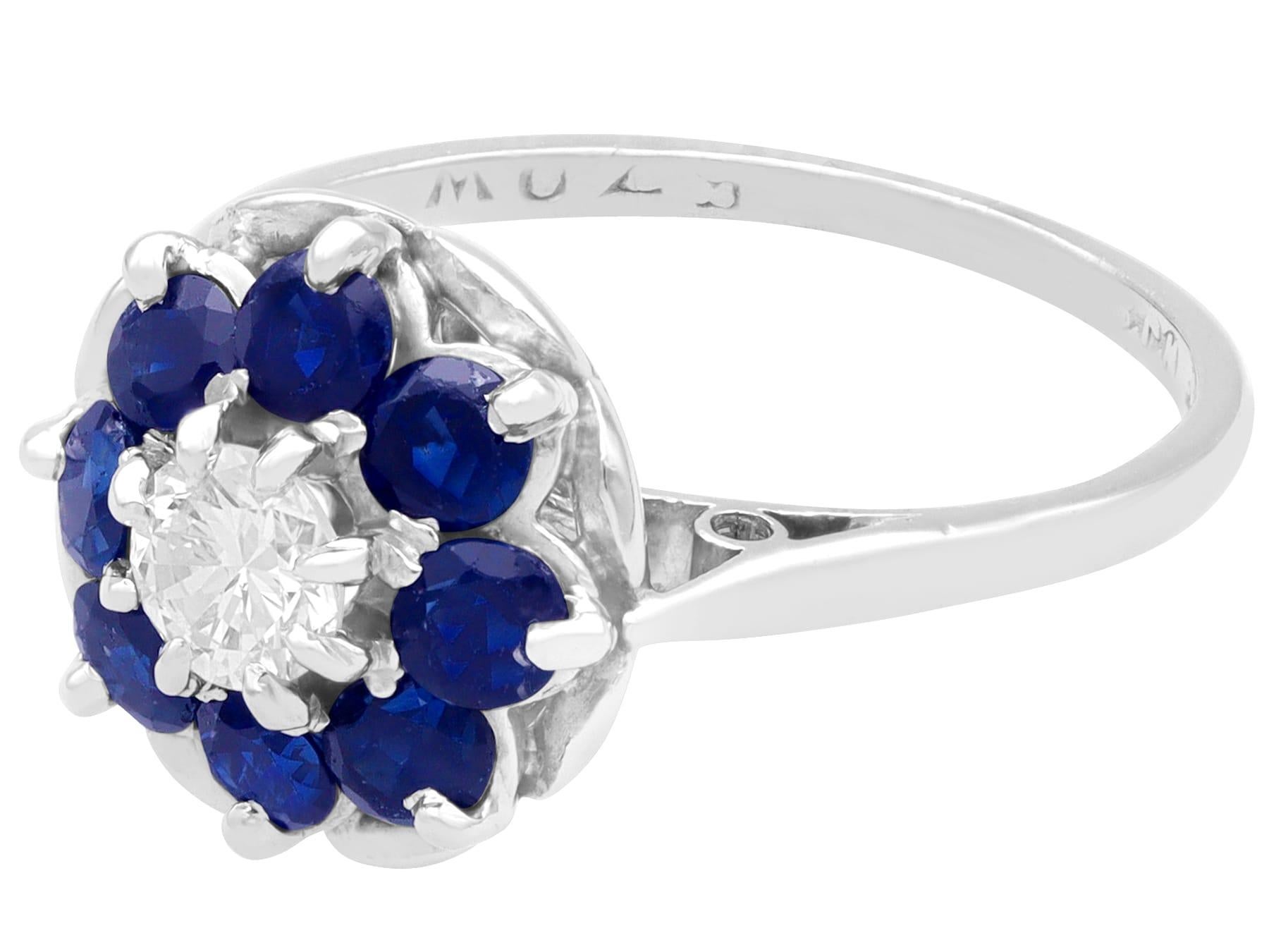 Round Cut Vintage Sapphire and Diamond White Gold Cluster Ring For Sale