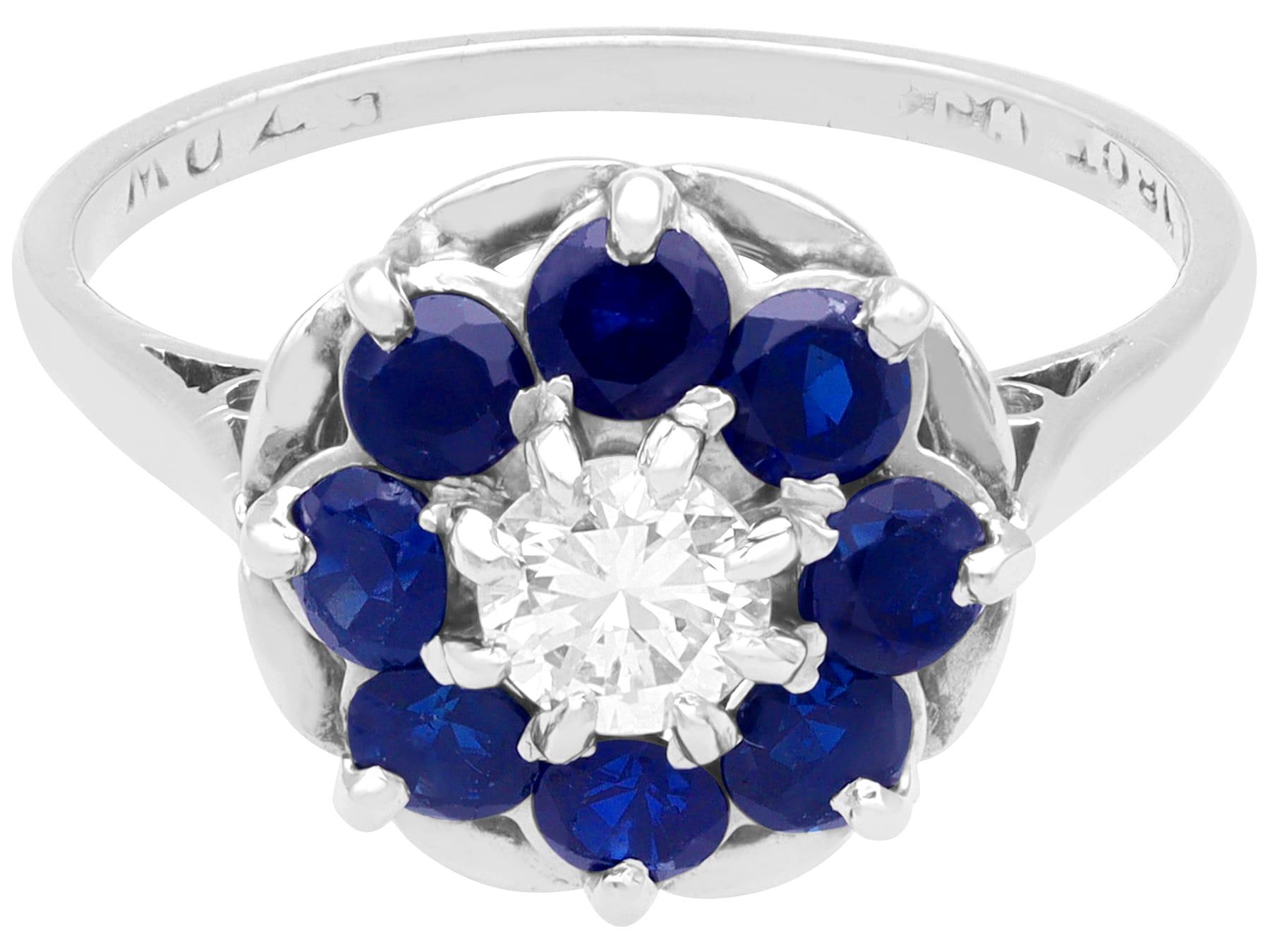 Vintage Sapphire and Diamond White Gold Cluster Ring In Excellent Condition For Sale In Jesmond, Newcastle Upon Tyne