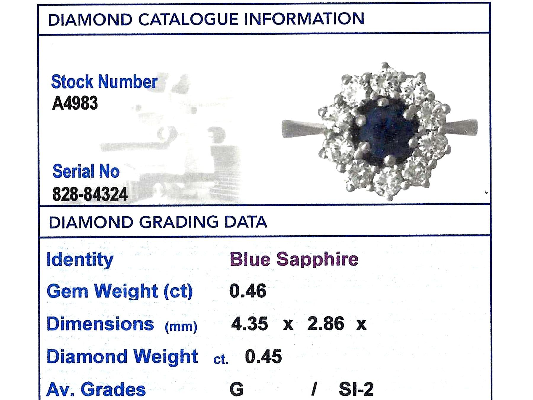 Round Cut Vintage Sapphire and Diamond White Gold Cluster Ring For Sale
