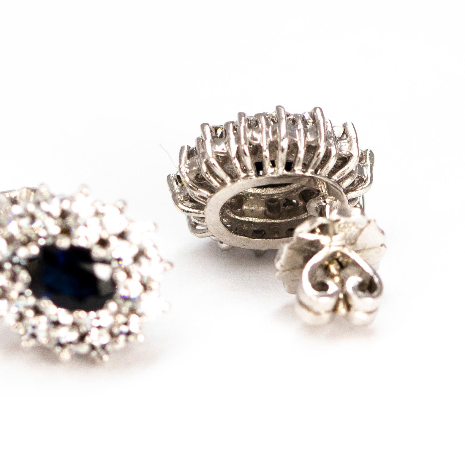Modern Vintage Sapphire and Diamond White Gold Stud Cluster Earrings For Sale