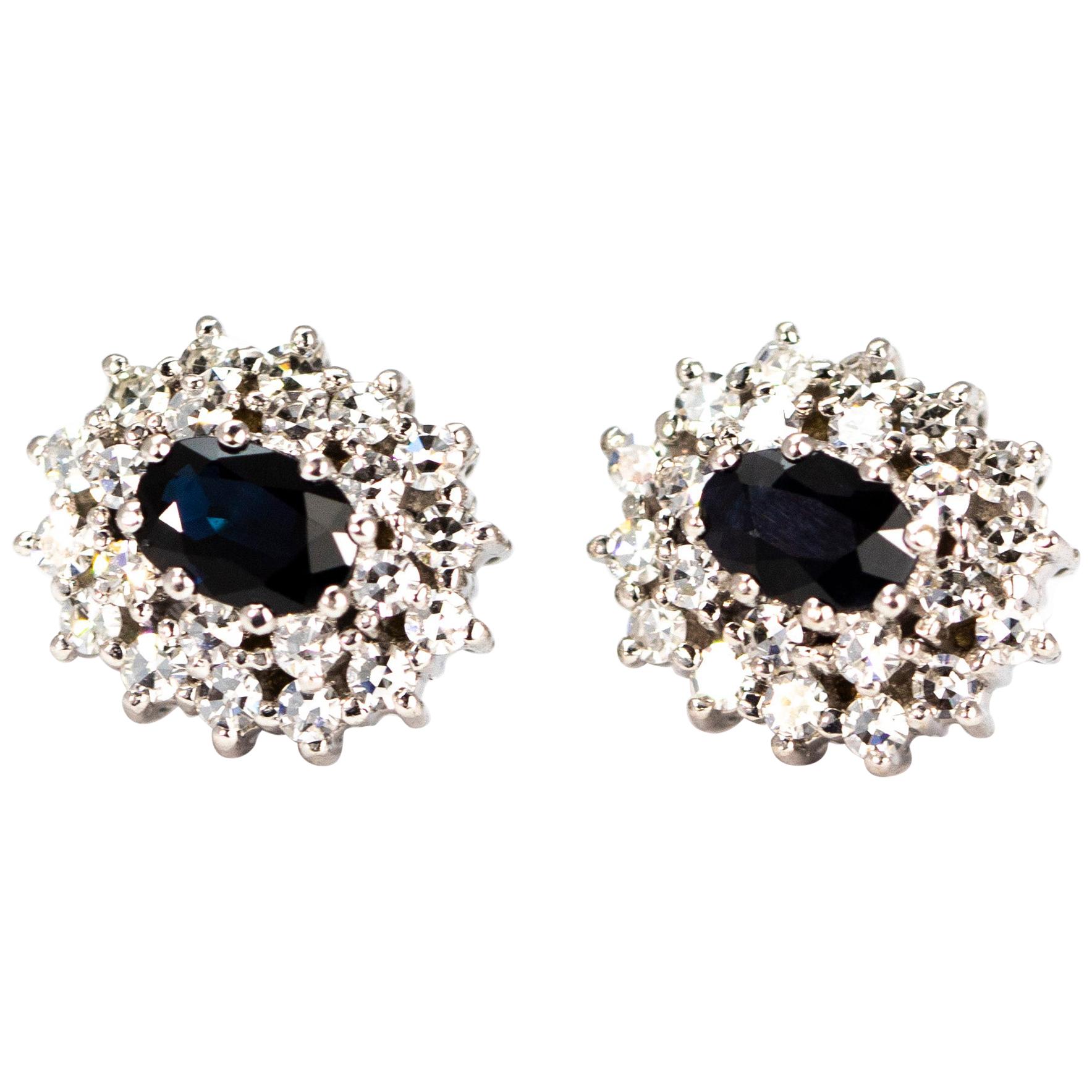 Vintage Sapphire and Diamond White Gold Stud Cluster Earrings For Sale