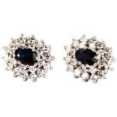 Vintage Sapphire and Diamond White Gold Stud Cluster Earrings