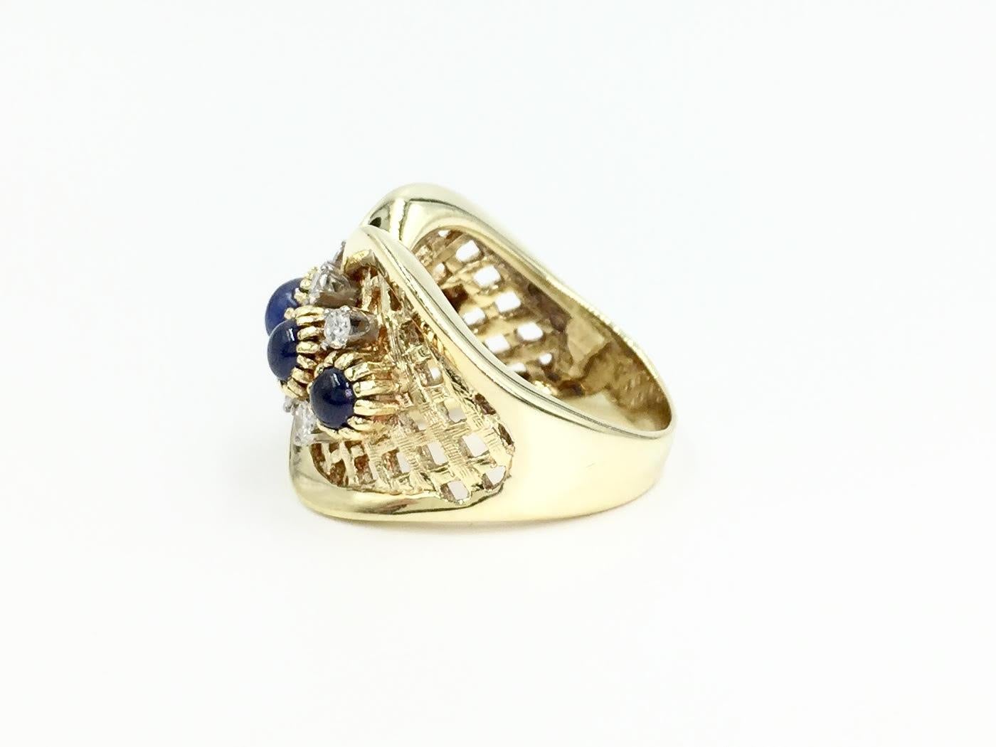 Women's Vintage Sapphire and Diamond Wide Gold Ring For Sale