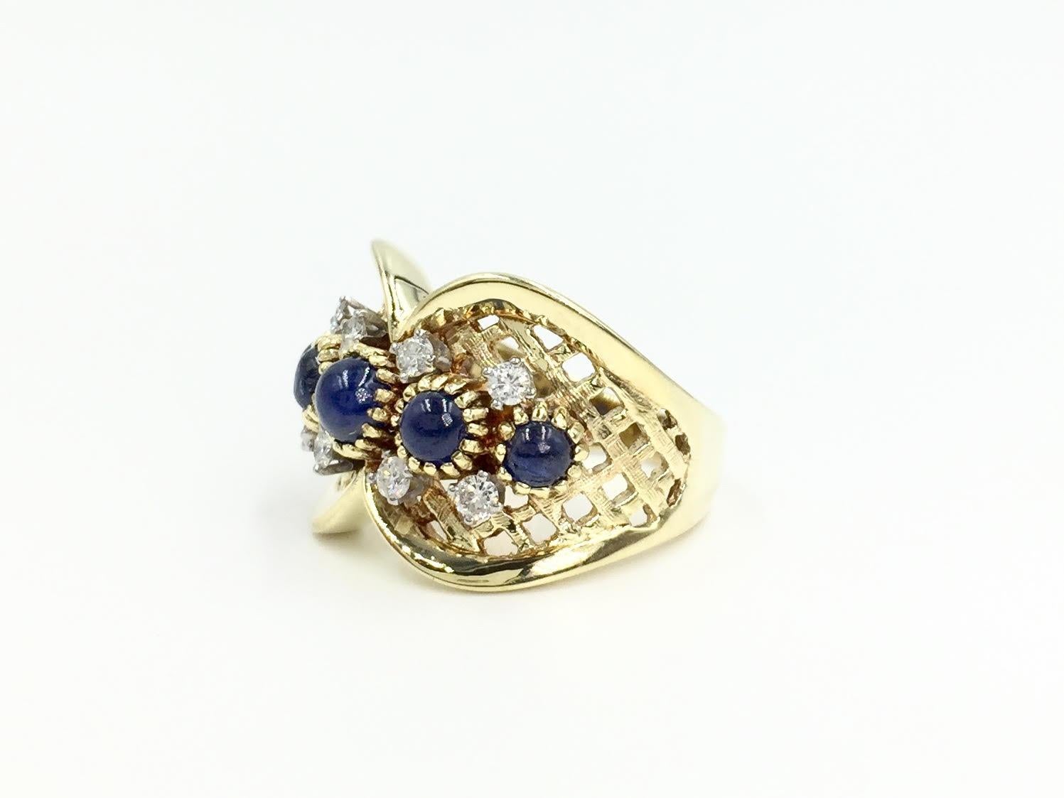 Vintage Sapphire and Diamond Wide Gold Ring For Sale 1