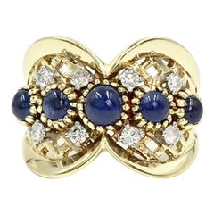 Vintage Sapphire and Diamond Wide Gold Ring