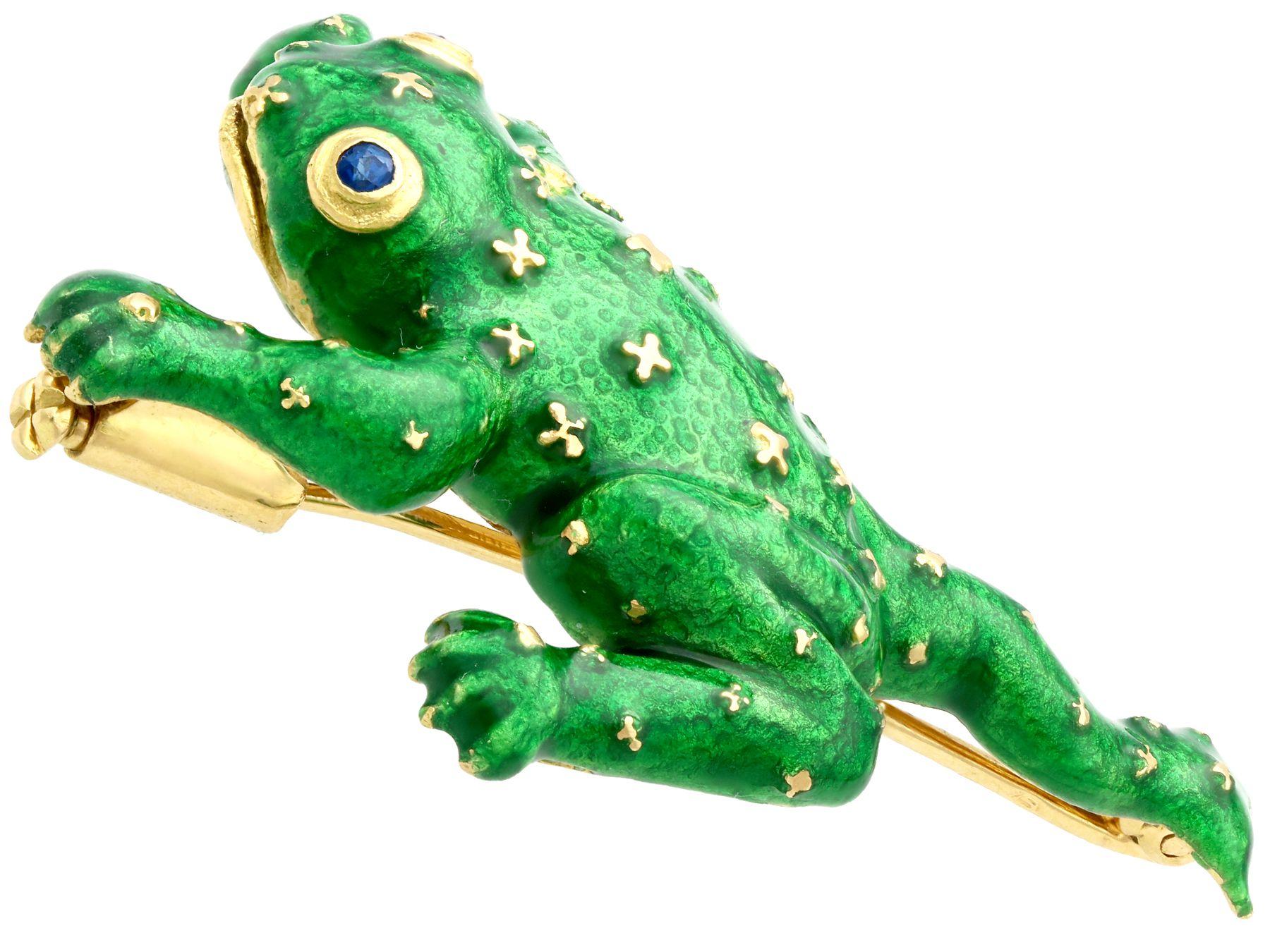 Round Cut Vintage Sapphire and Enamel Yellow Gold Frog Brooch, Circa 1960