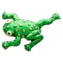 Vintage Sapphire and Enamel Yellow Gold Frog Brooch, Circa 1960