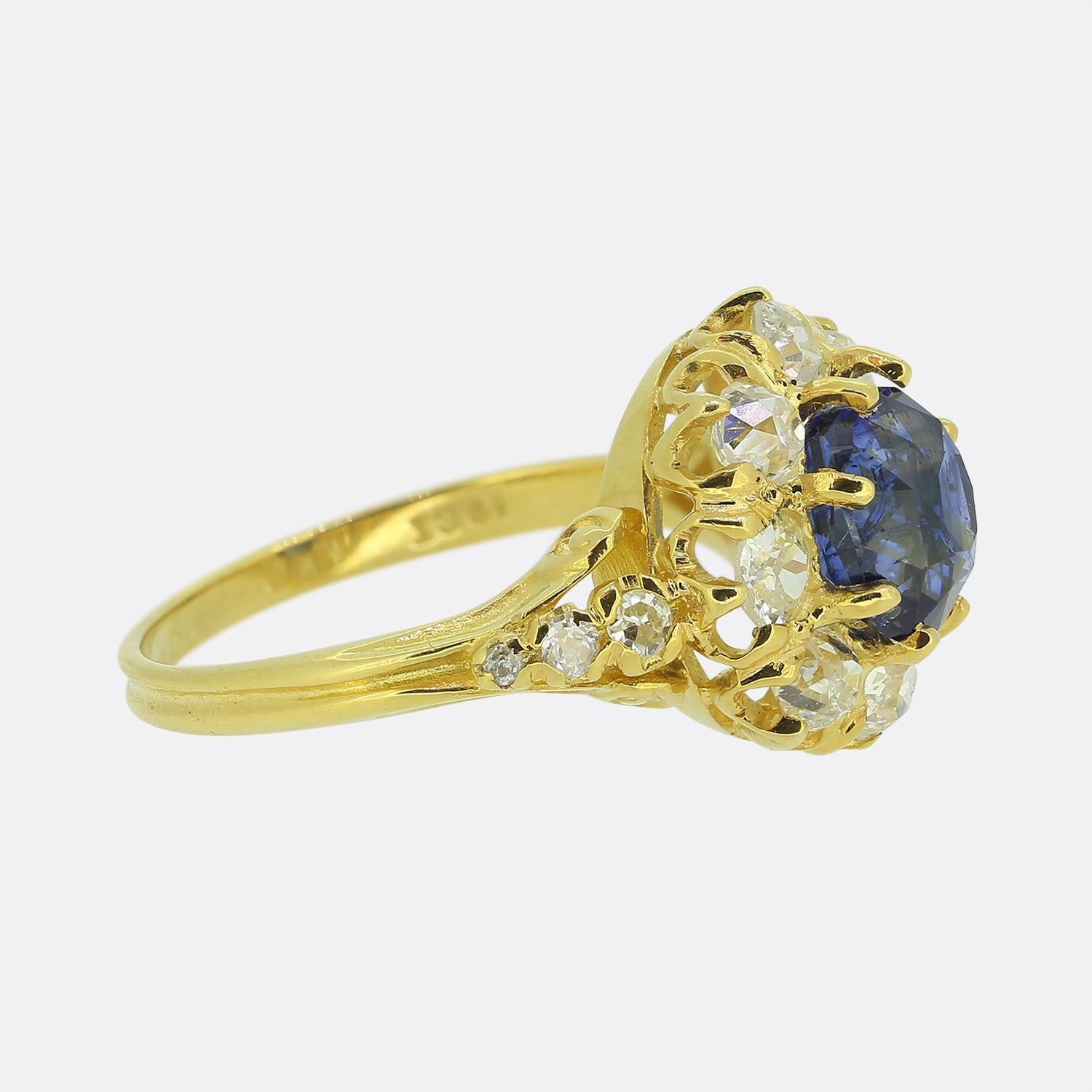 Antique Cushion Cut Vintage Sapphire and Old Cut Diamond Cluster Ring For Sale