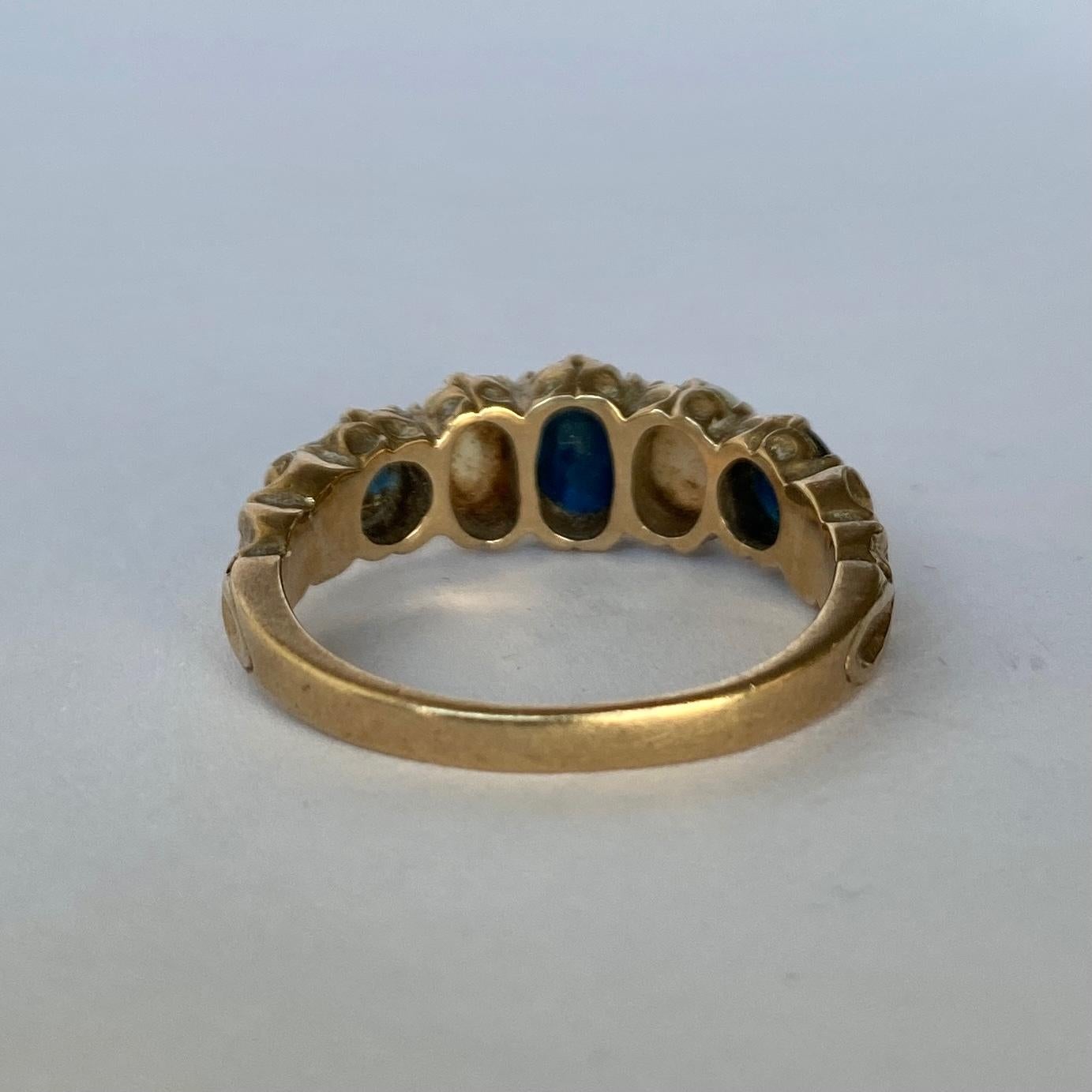 Cabochon Vintage Sapphire and Opal 9 Carat Gold Five Stone Ring 