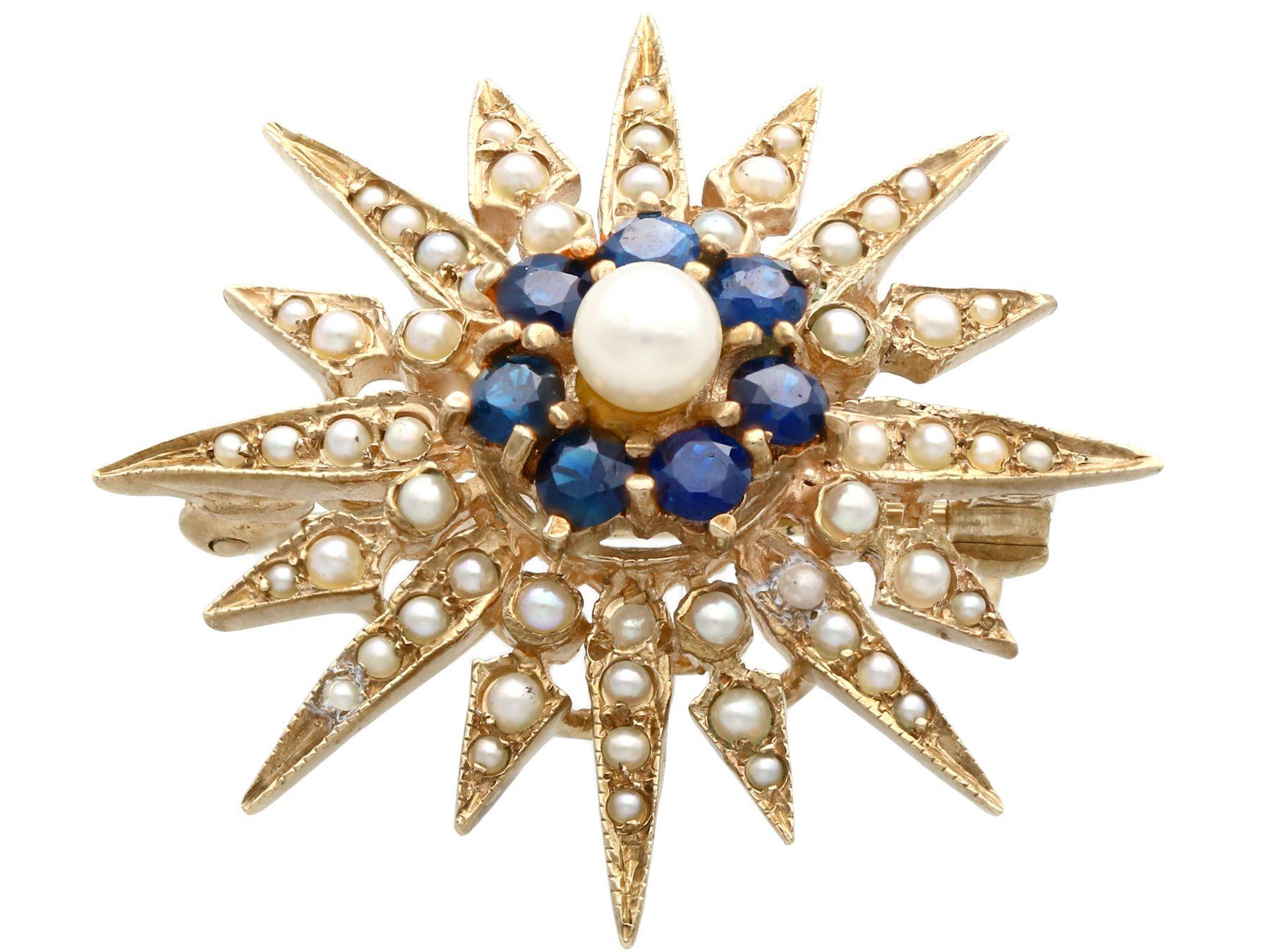 Taille ronde Broche étoile vintage de style victorien en or jaune 9 carats avec saphirs et perles en vente