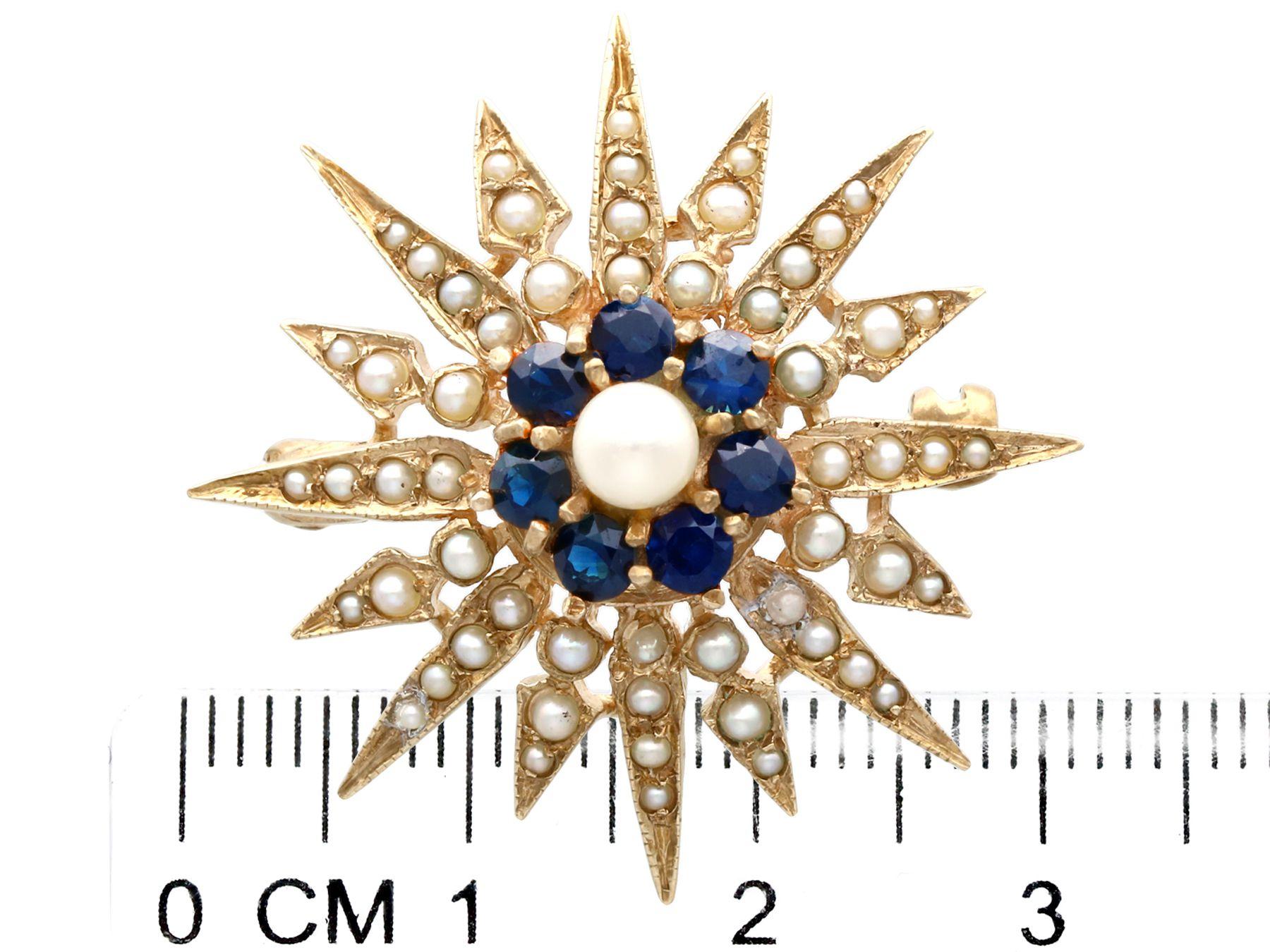 Vintage Victorian Style Sapphire and Pearl 9k Yellow Gold Star Brooch In Excellent Condition For Sale In Jesmond, Newcastle Upon Tyne