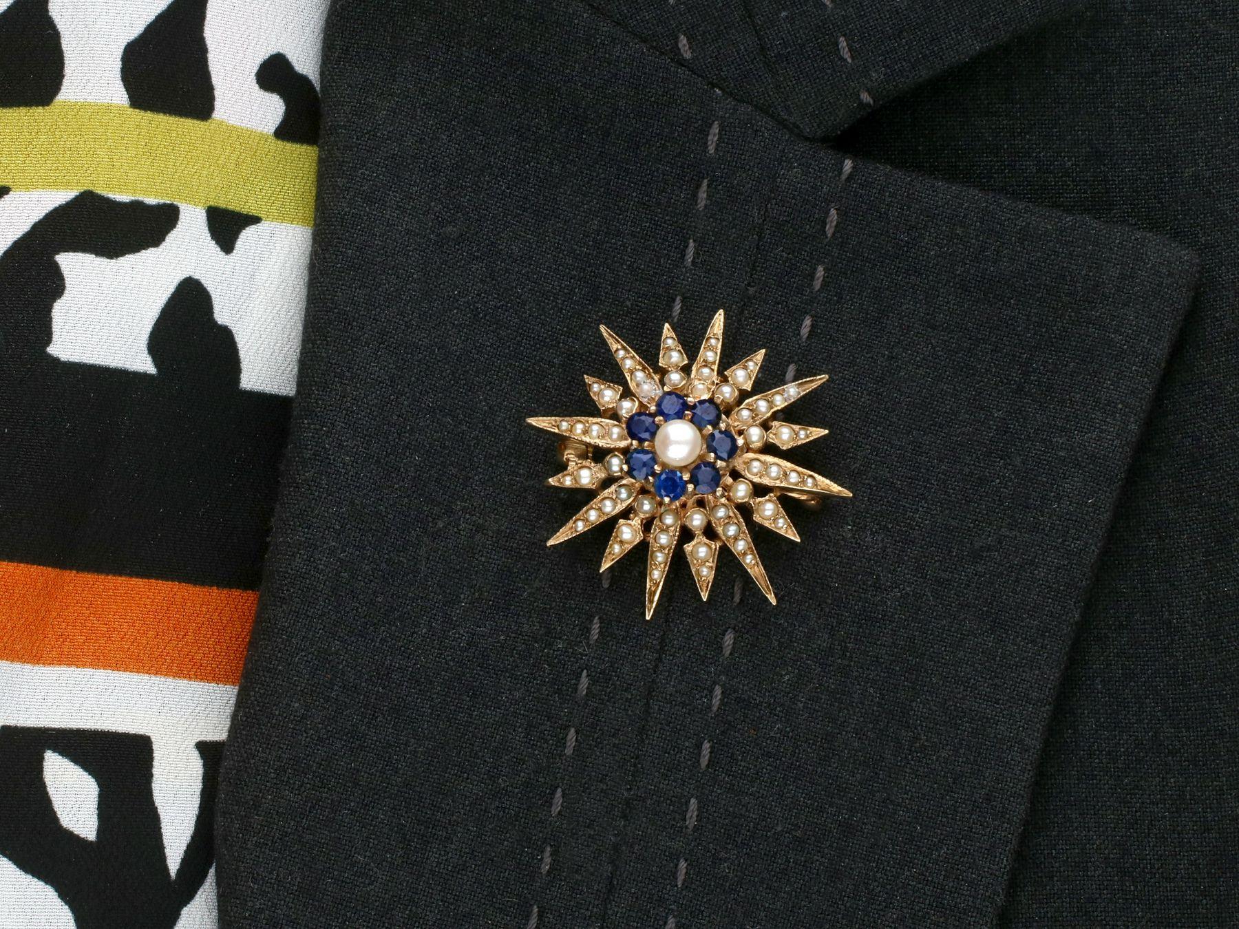 Women's or Men's Vintage Victorian Style Sapphire and Pearl 9k Yellow Gold Star Brooch For Sale