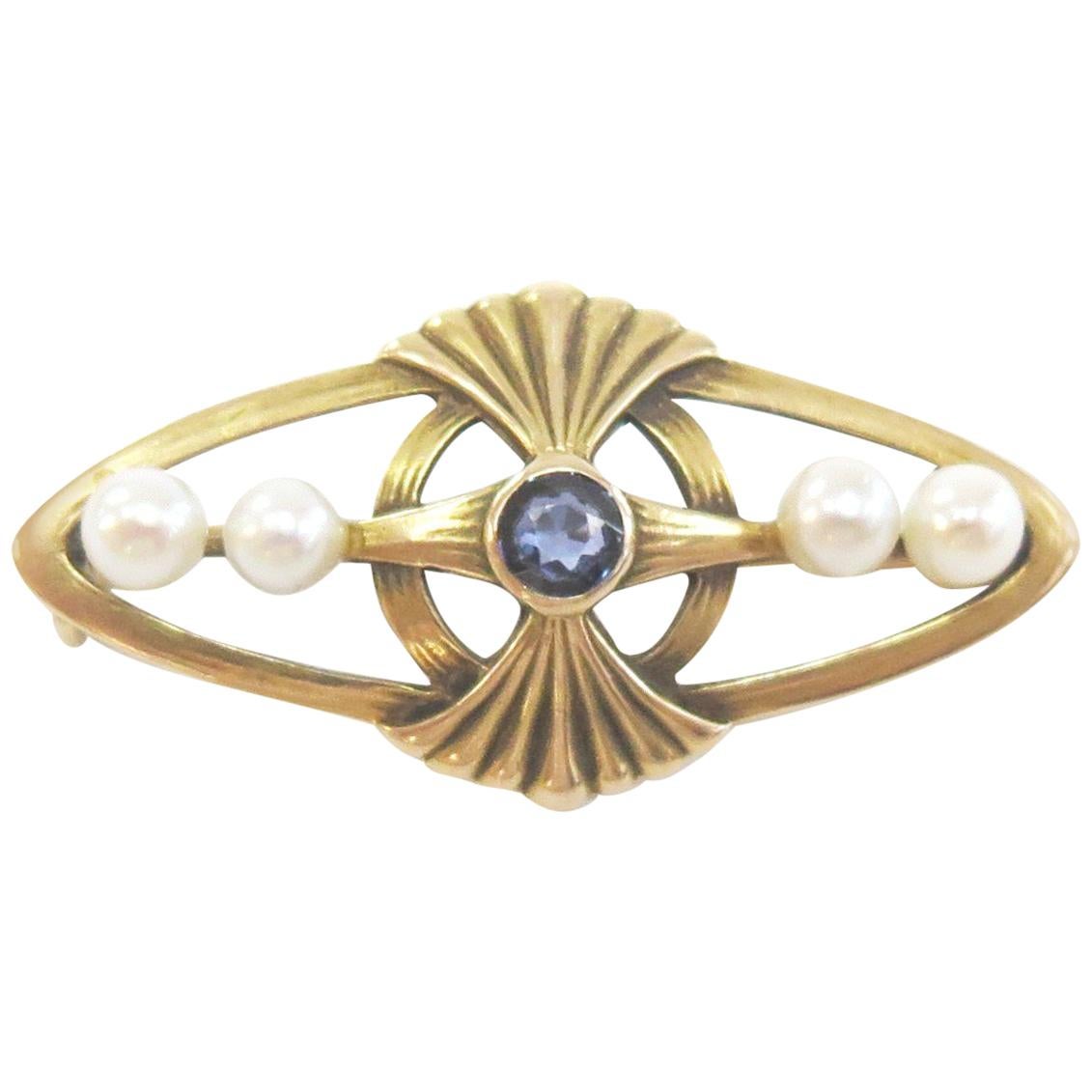 Vintage Sapphire and Pearl Bar Pin / 14 Karat Yellow Gold For Sale