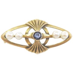 Antique Sapphire and Pearl Bar Pin / 14 Karat Yellow Gold