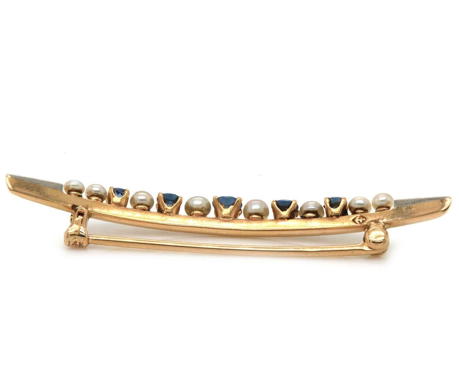 Round Cut Vintage Sapphire and Pearl Crescent Moon Brooch in 14K Yellow Gold
