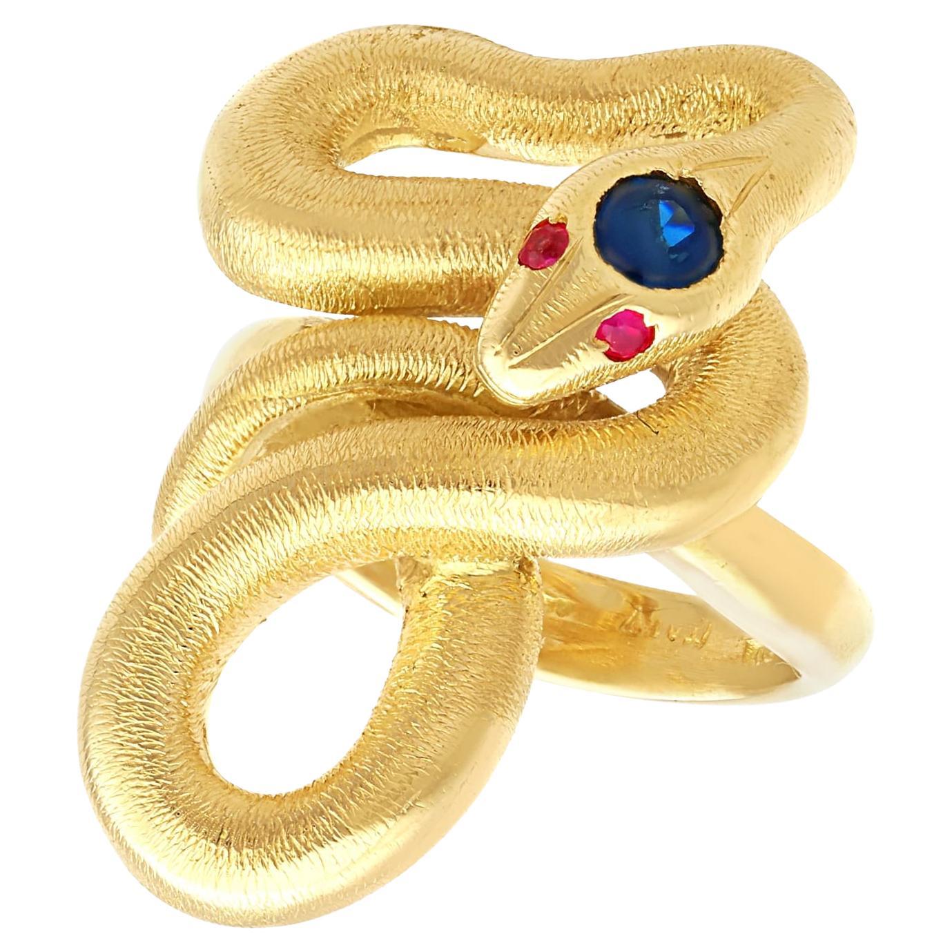 Vintage Sapphire and Ruby 18k Yellow Gold Snake Ring 1950 For Sale