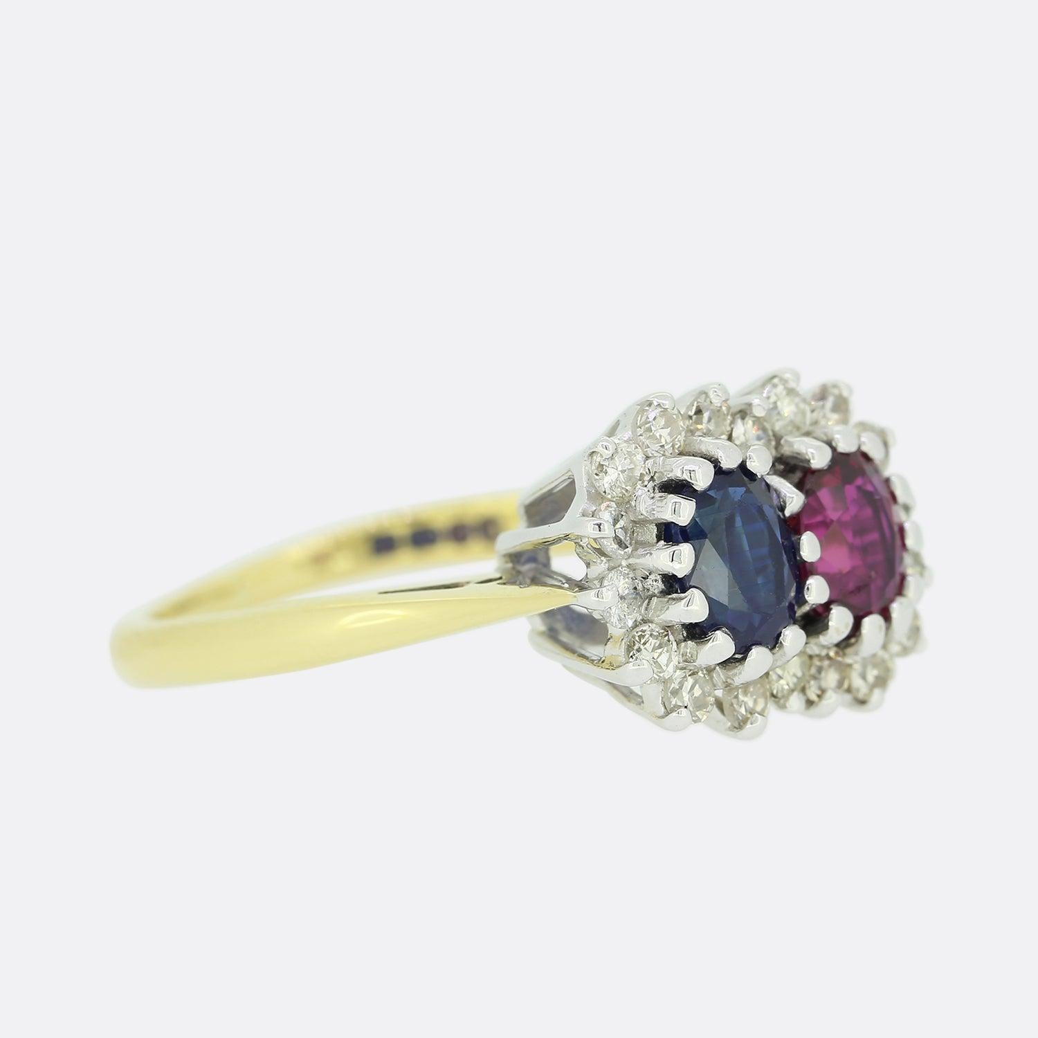 Oval Cut Vintage Sapphire and Ruby Double Cluster Ring For Sale