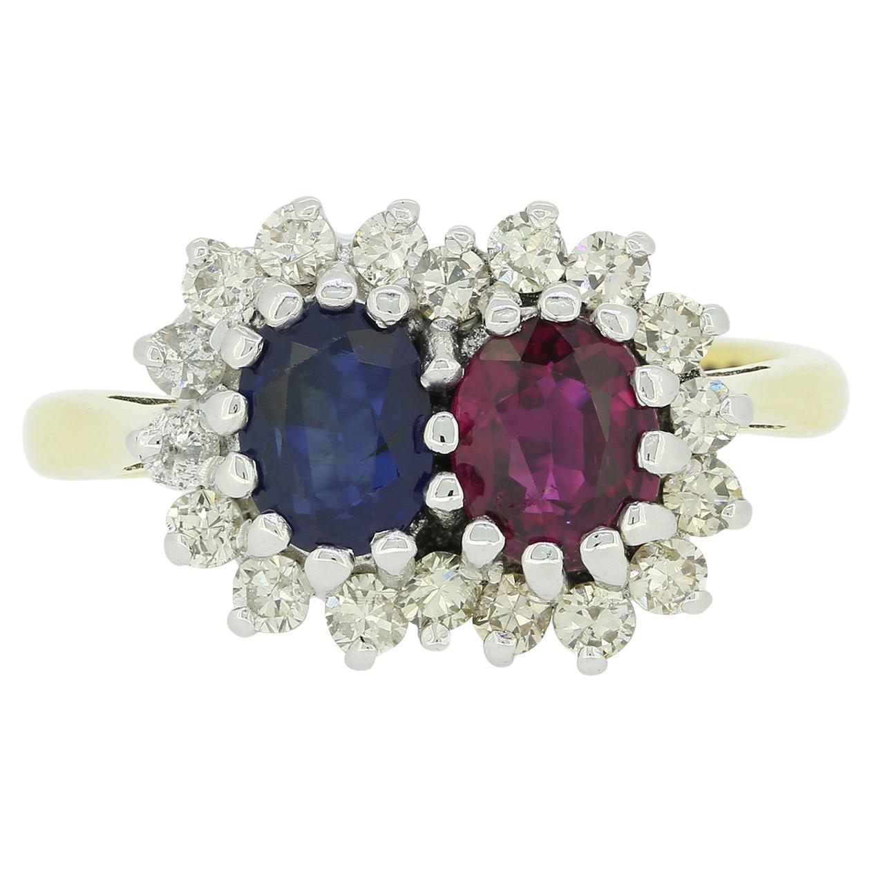 Vintage Sapphire and Ruby Double Cluster Ring For Sale