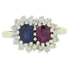 Retro Sapphire and Ruby Double Cluster Ring