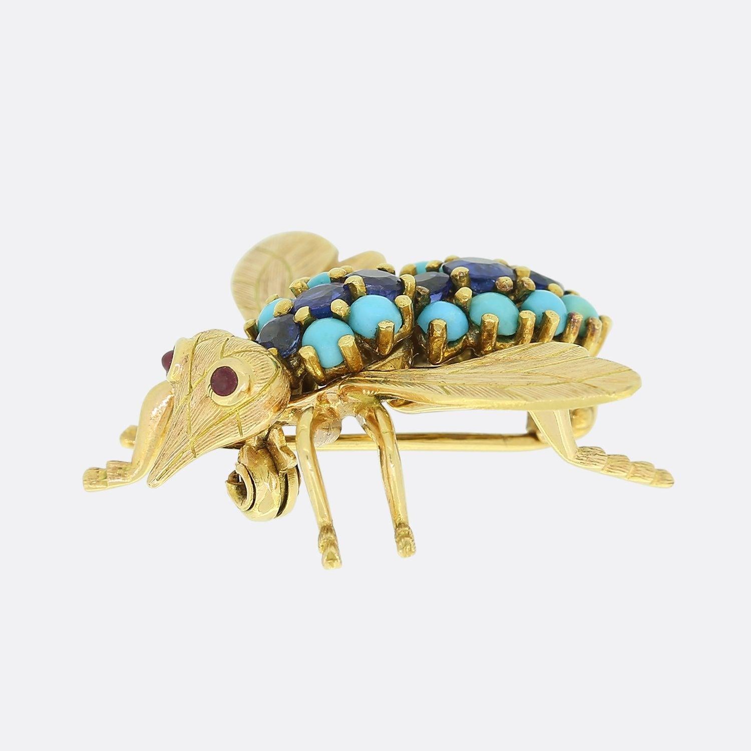 Round Cut Vintage Sapphire and Turquoise Insect Brooch For Sale