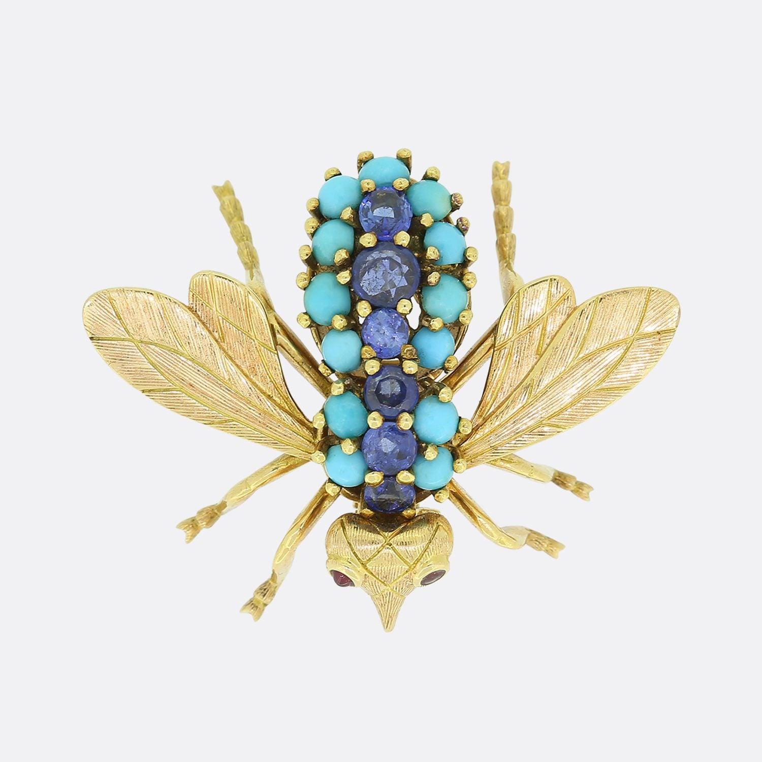 Vintage Sapphire and Turquoise Insect Brooch In Good Condition For Sale In London, GB