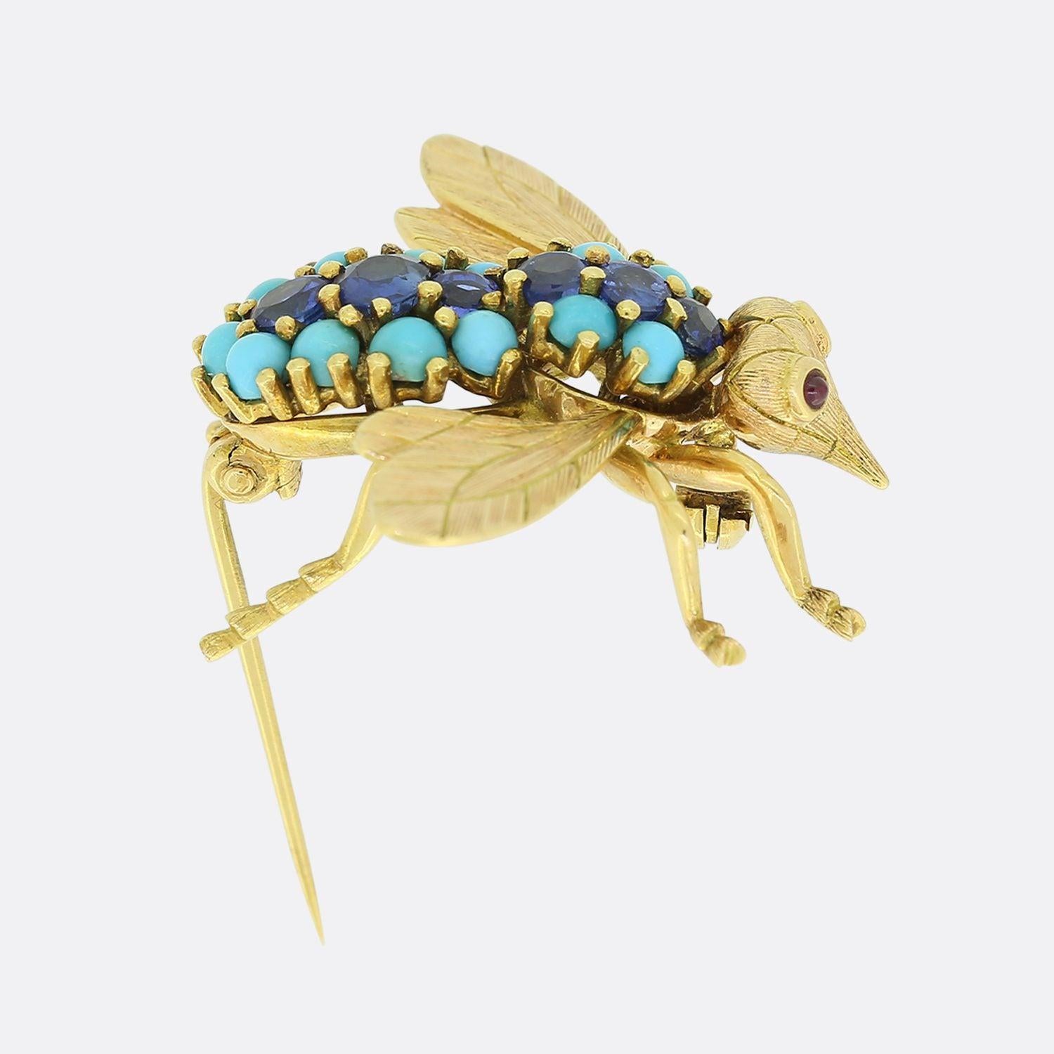 Women's or Men's Vintage Sapphire and Turquoise Insect Brooch For Sale