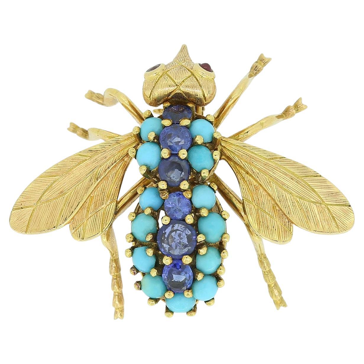 Vintage Sapphire and Turquoise Insect Brooch For Sale