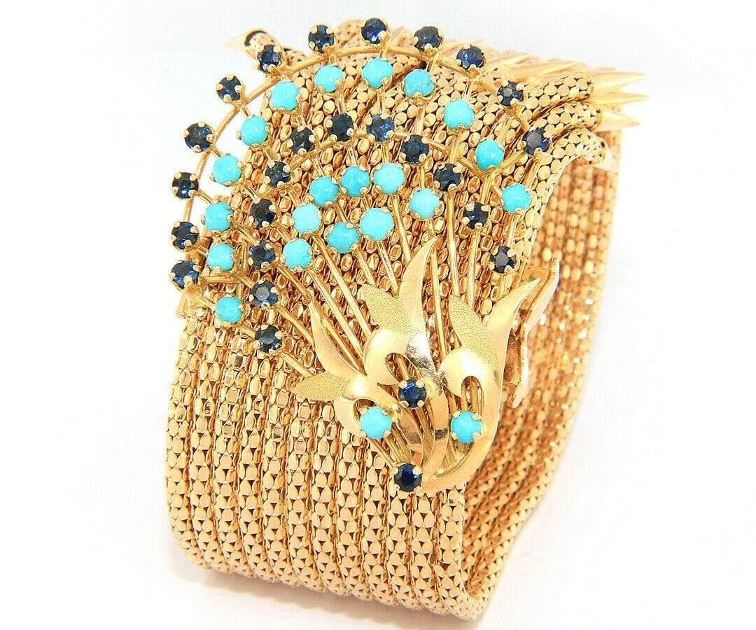 Round Cut Vintage Sapphire and Turquoise Spray Multi Row Fringe Bracelet in 18K For Sale