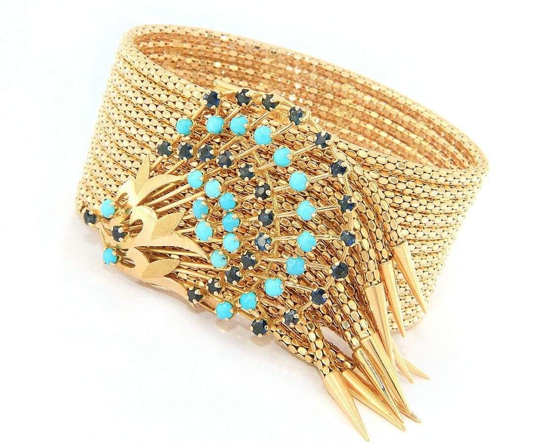 Vintage Sapphire and Turquoise Spray Multi Row Fringe Bracelet in 18K In Excellent Condition For Sale In Vienna, VA