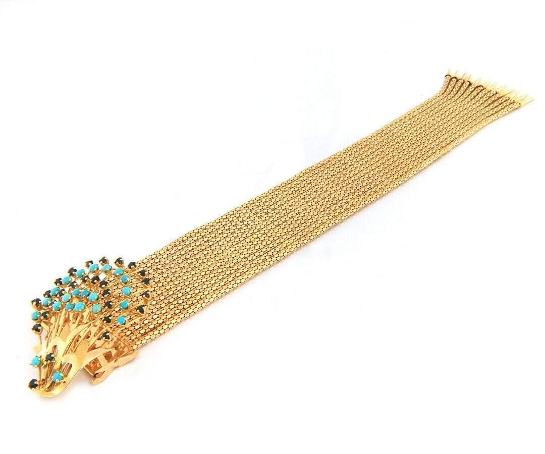 Women's Vintage Sapphire and Turquoise Spray Multi Row Fringe Bracelet in 18K For Sale