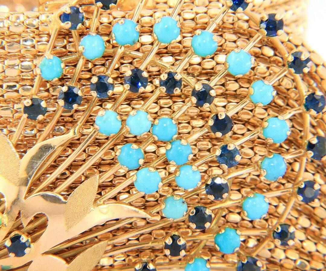 Vintage Sapphire and Turquoise Spray Multi Row Fringe Bracelet in 18K For Sale 2