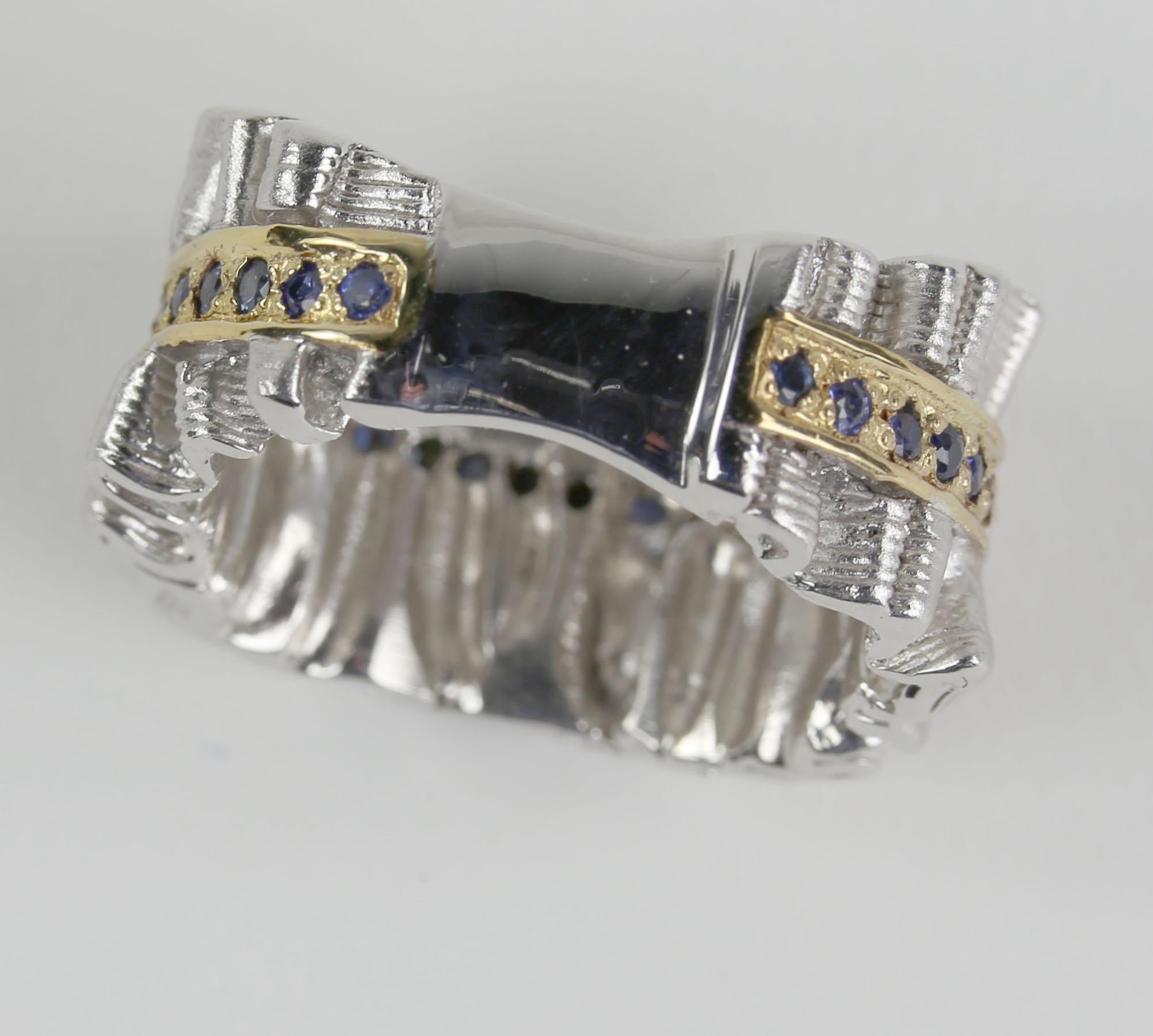 Contemporary Vintage Sapphire Band 14K Gold Accents Sterling Silver Ring Estate Fine Jewelry