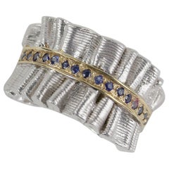 Vintage Sapphire Band 14K Gold Accents Sterling Silver Ring Estate Fine Jewelry