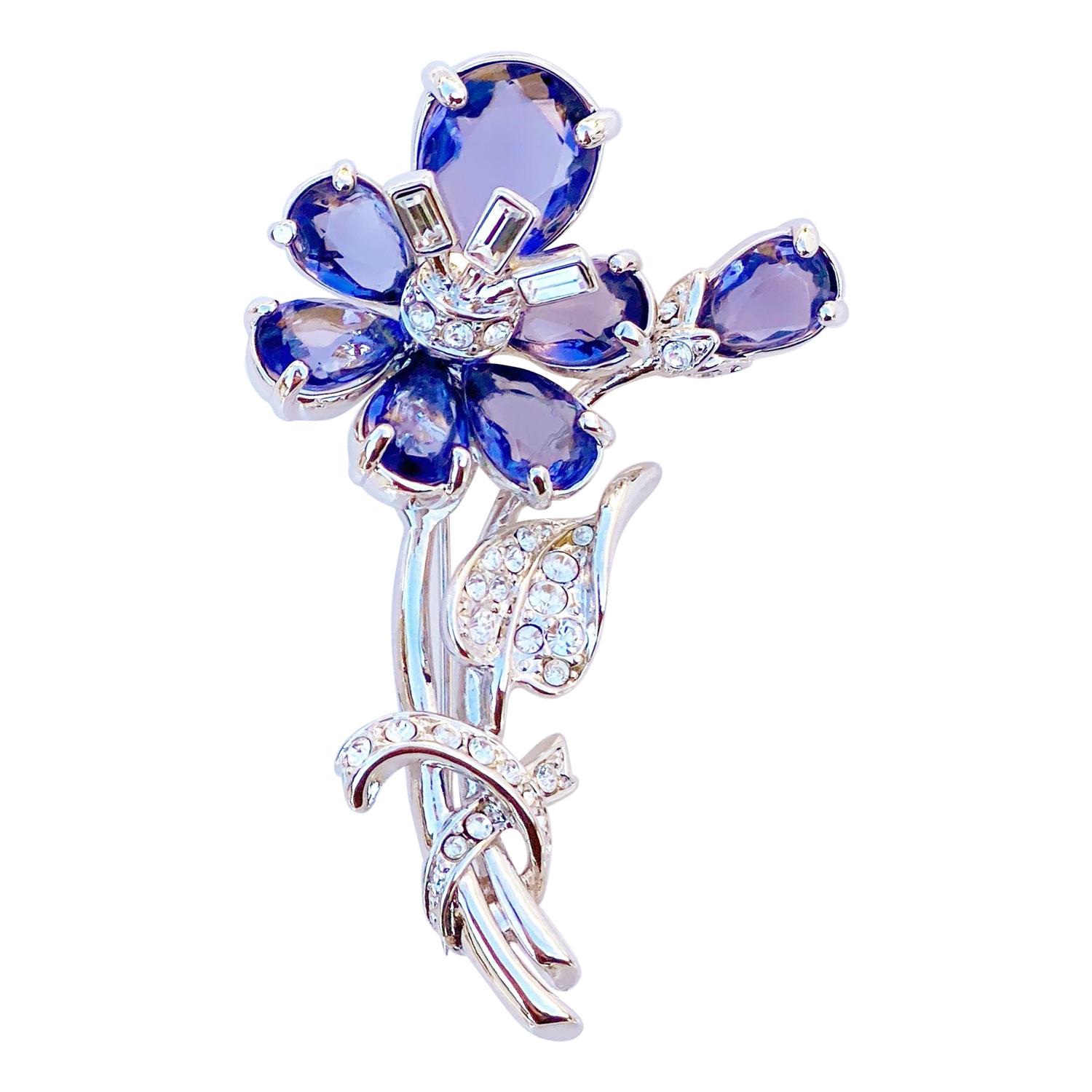 Vintage Sapphire Blue Crystal Flower Figural Brooch By Nolan Miller, 1980s