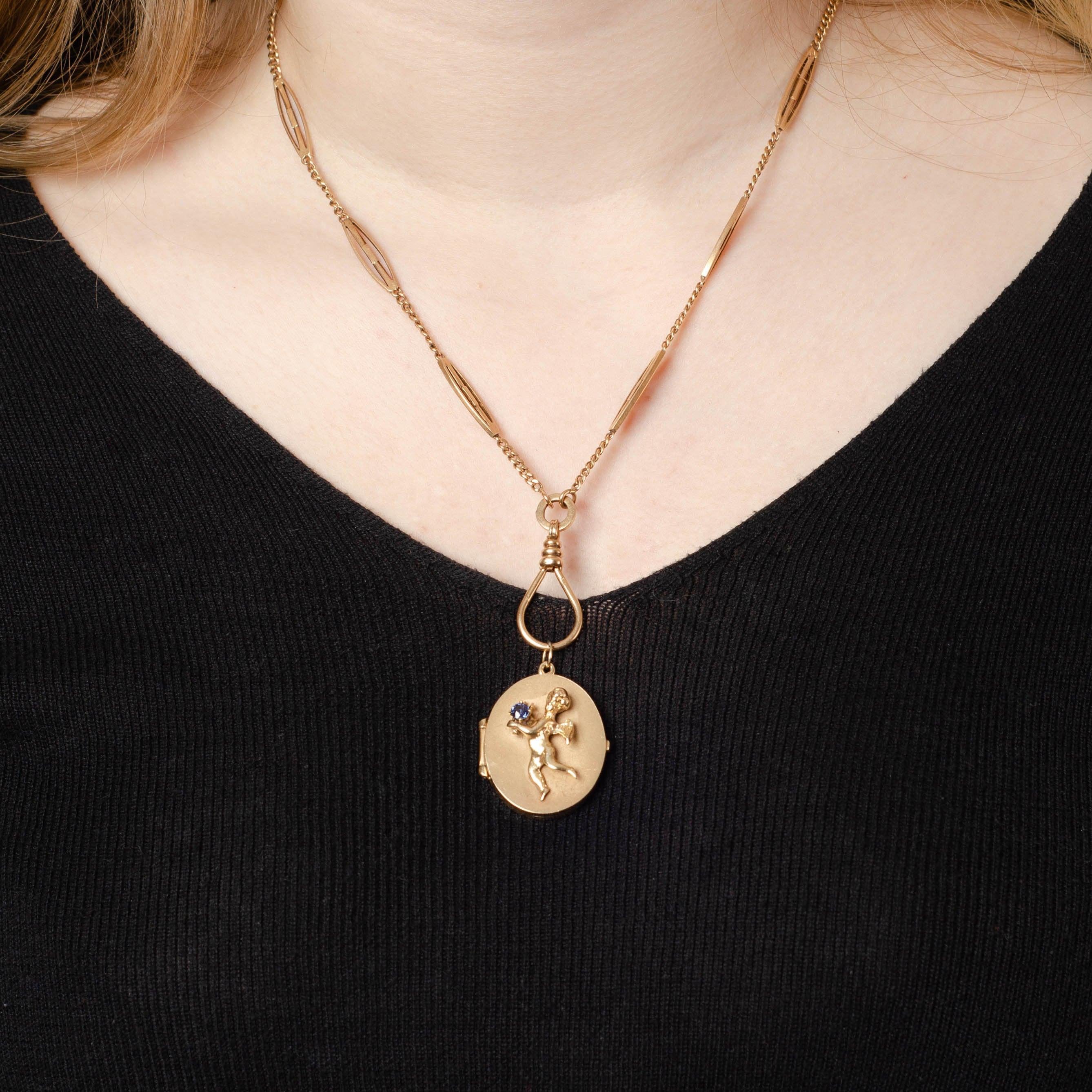 Women's Vintage Sapphire Cherub Locket of 14k Gold For Sale