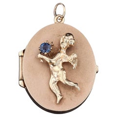 Vintage Sapphire Cherub Locket of 14k Gold