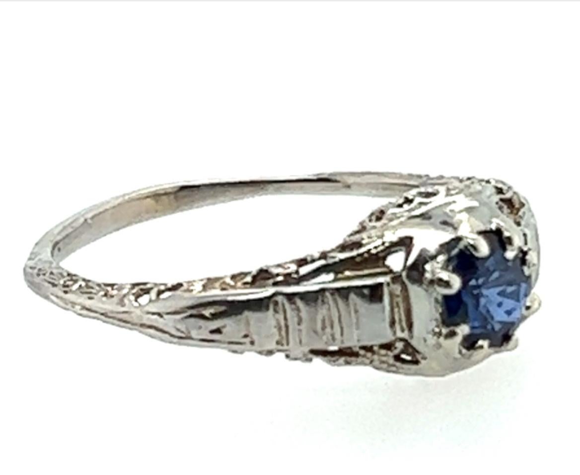 Round Cut Art Deco Sapphire Ring 1/2ct Round Solitaire Filigree Original 1930's Antique For Sale