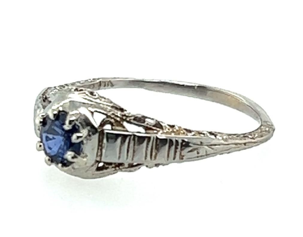 Art Deco Sapphire Ring 1/2ct Round Solitaire Filigree Original 1930's Antique In Good Condition For Sale In Dearborn, MI